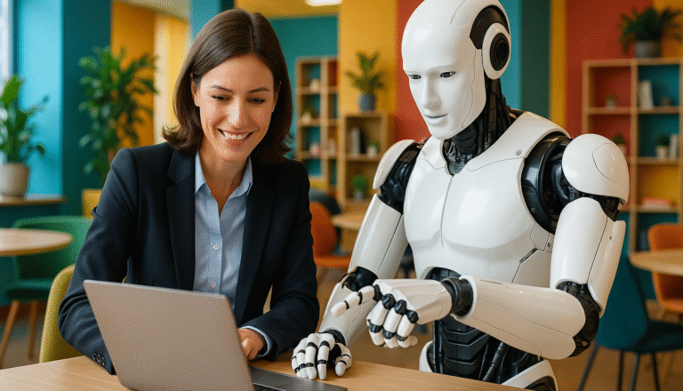 Vrouw overlegt met robot over AI-toepassingen op de werkvloer